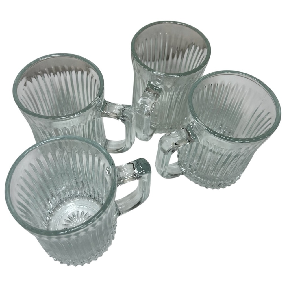 vintage 70s Gibson Royal Crest Clear Ribbed Glass Coffee Te Mugs Set of 4
